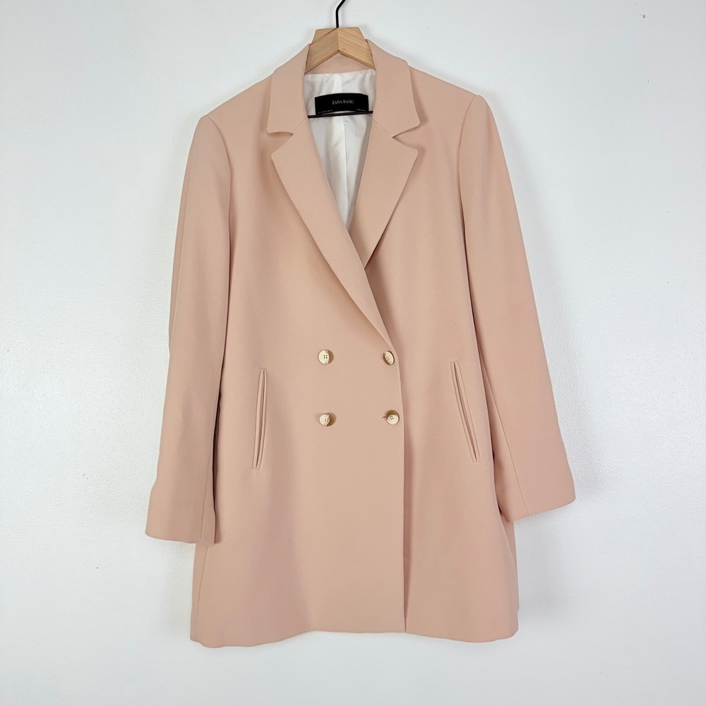 Zara Double Breasted Blazer Womens XL Light Pink Longline Tailored Jacket Office